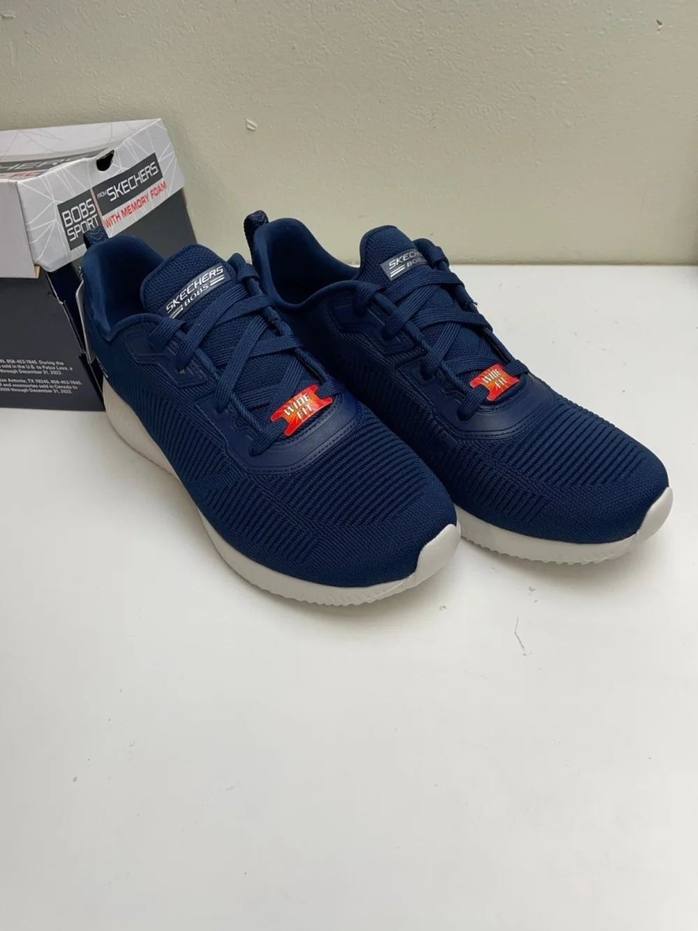 Skechers Bobs Sport Navy Knit Slip-On Athletic Sneakers Wide Fit with White Sole